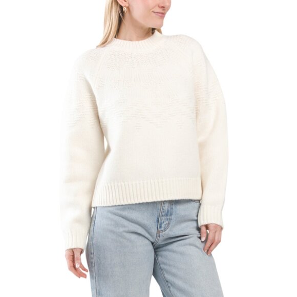 VINCE Off White Wool Soft Raglan Sleeve Fair Isle Sweater